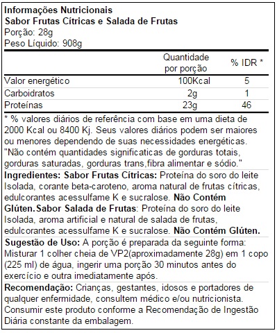TopWay Suplementos - VP2 Isolate 900g-Tabela Nutricional